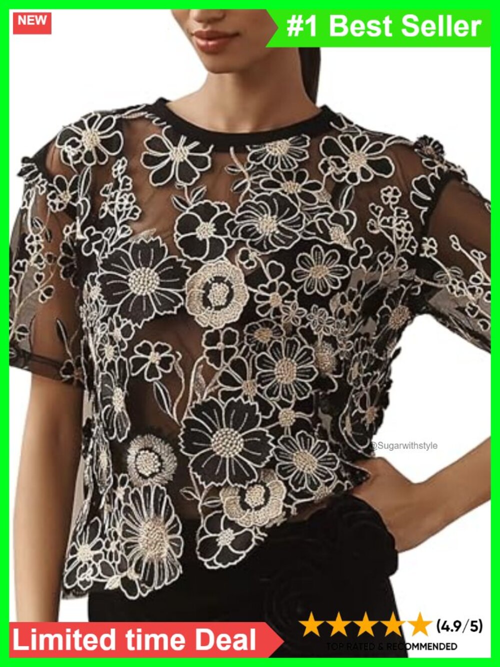 Women's Embroidered Tops 3D Floral Sheer Lace Shirt Short Sleeve